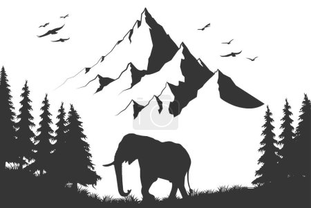 Illustration for Silhouette image Black elephant with Elephant mahout walking at the forest with mountain background Evening light vector Illustration - Royalty Free Image