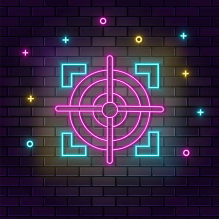 Illustration for Target sniper objective neon on wall. Dark background brick wall neon icon. - Royalty Free Image