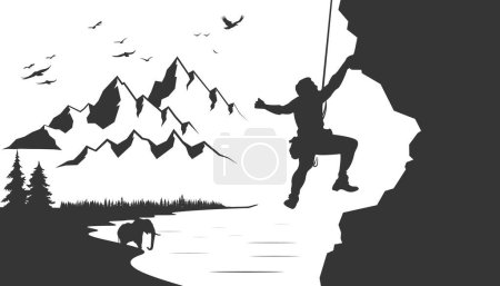Téléchargez les photos : Silhouette d'alpiniste. Alpiniste, aventure, illustration vectorielle de randonnée, logo, icône et graphique pour les dessins de t-shirts - en image libre de droit