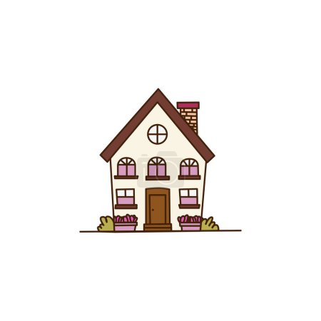 Illustration for House facade, exterior and outside in Scandinavian style. Cute Scandi country home in nature. Countryside norse building outdoors. Flat vector illustration isolated on white background - Royalty Free Image