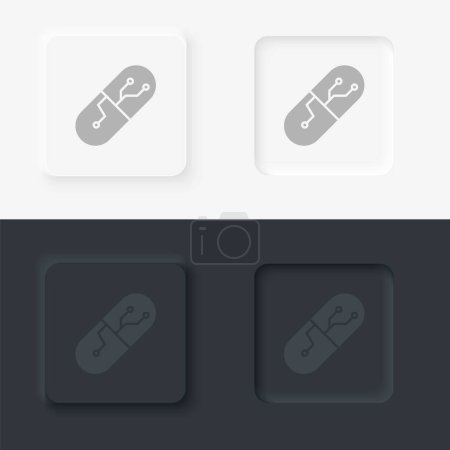 Illustration for Drugs, smart, neomorphism style, vector icon with button. On black and white background - Royalty Free Image