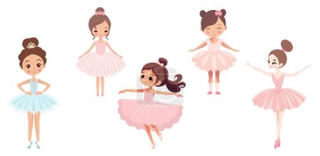 Princesas bailarina de dibujos animados, lindos bailarines niñas personajes. Chica con vestido de tutú. Estudiantes de clases de ballet en danza posan conjunto vectorial. Niños en trajes hermosos en diferentes poses.