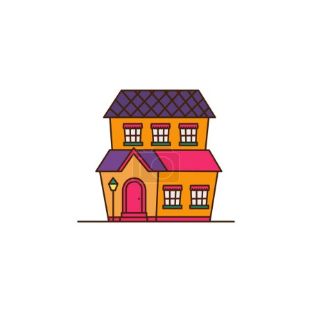 Illustration for Vector Cute Cartoon House with colorful roof icon. Vector big house with five windows and pink door icon. - Royalty Free Image