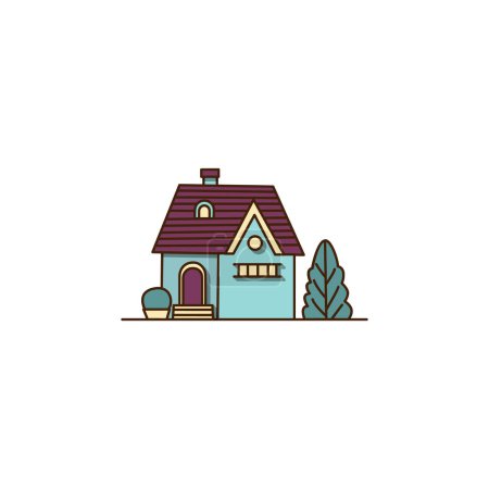 Téléchargez les photos : Maison vectorielle bleue avec toit brun sur icône de style plat. Vecteur architecture style manoir chalet bâtiment icône. - en image libre de droit