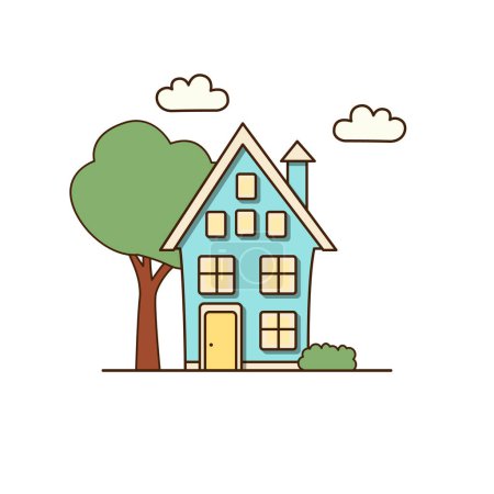Ilustración de Casa azul vectorial con árbol verde y nubes blancas alrededor del icono. Casa vectorial con icono de chimenea. - Imagen libre de derechos