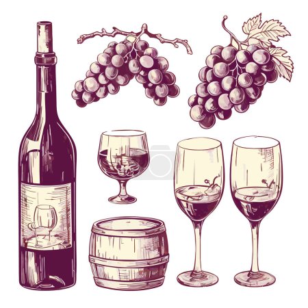Téléchargez les illustrations : Vecteur grand tonneau de vin avec bouteille et icône de raisin eps10. Vecteur un demi-verre rempli d'icône de vin eps10. - en licence libre de droit