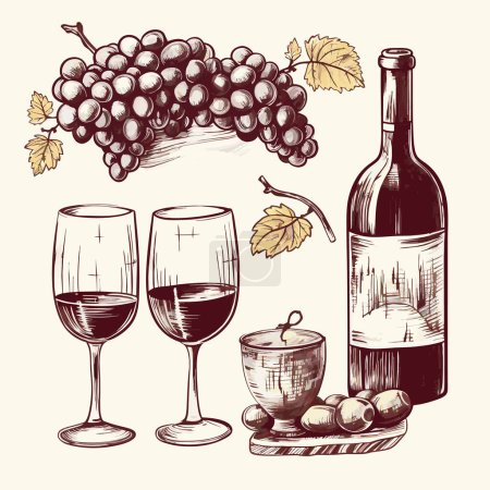 Vecteur vignes et raisins dessin à la main sur icône blanche eps10. Feuilles de vin vectoriel et bouquet de raisins icône illustration décorative rétro eps10.