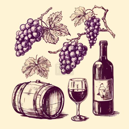 Téléchargez les illustrations : Vecteur grand tonneau de vin avec bouteille et icône de raisin eps10. Vecteur un demi-verre rempli d'icône de vin eps10. - en licence libre de droit