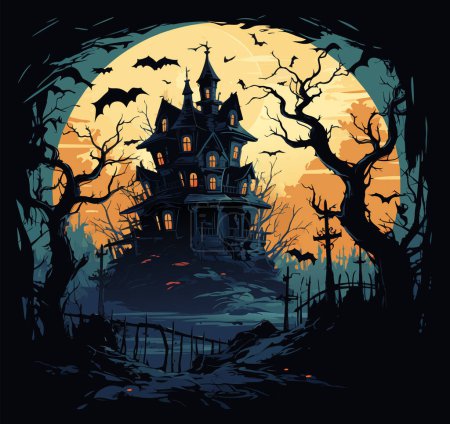 Téléchargez les photos : Paysage vectoriel halloween en cimetière. arbres noirs effrayants autour du château. effrayante illustration vectorielle du château d'Halloween sur fond bleu . - en image libre de droit