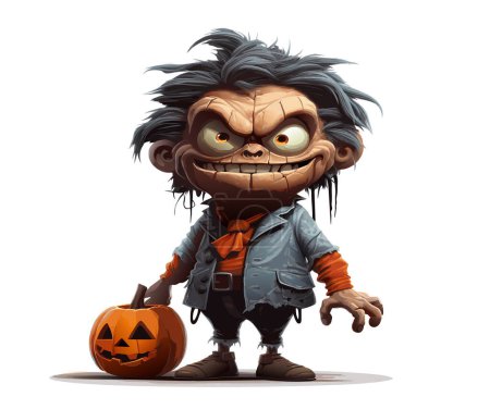vector halloween scary old man with pumpkin. evil man with orange pumpkin. angry old man with smiling pumpkin vector illustration on white background.