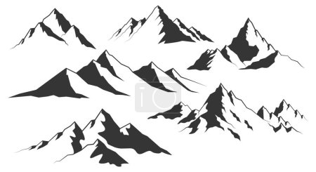 Illustration for Mountain silhouette. Rocky range landscape shape. Hiking mountains peaks, hills and cliffs. Climbing stone mount abstract contour vector set. Illustration mountain silhouette shape, rocky cliff. - Royalty Free Image