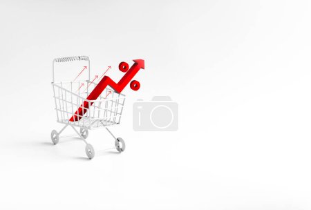 Inflation concept. 3D Red rising arrows with percentage icon in white shopping cart trolley isolated on white background, minimal style. Rising up price, economic crisis, cost of living increase.