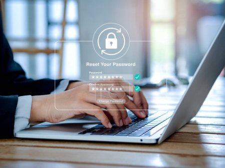 Passwort-Konzept zurücksetzen. Sperrsymbol, Sicherheitscode, der auf der Seite Passwort ändern angezeigt wird, während Geschäftsmann Laptop im Büro benutzt. Cyber-Sicherheitstechnologie auf Website oder App zum Datenschutz.