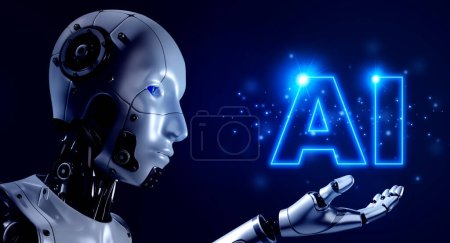 Foto de Representación en 3D de retratos de robots humanoides con tecnología de IA, texto holográfico brillante que brilla sobre fondo azul. humanoide robótico AI futurista, concepto de tecnología de servicios de inteligencia artificial. - Imagen libre de derechos