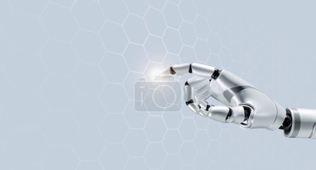 3d rendering humanoid robot's hand touch on digital world, hexagon network, big data background with copy space. Futuristic AI for data service, artificial intelligence automated technology concept. Poster 646616852