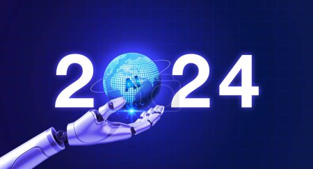 Foto de 3d renderizado mano robot AI celebración 2024 número de año natural con mundo digital AI, brillando sobre fondo azul ciberespacio. Año nuevo crecimiento empresarial y soporte tecnológico con inteligencia artificial. - Imagen libre de derechos
