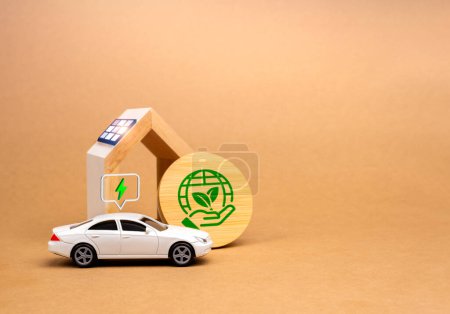 Sustainability at home concept. White EV car, solar panels being installed on modern house, earth care symbol on recycle paper background, copy space, minimal. Eco-friendly technology and practices.