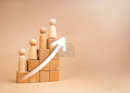 Photo for Population growth, increase people, global demography, social and human development concepts. Rising up white arrows on wooden cube block graph steps with wooden figures isolated on brown background. - Royalty Free Image