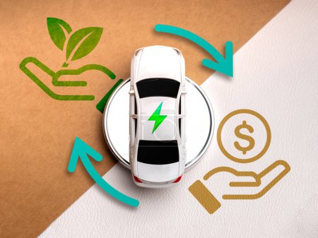 EV car, Electric energy vehicle, sustainable development, energy and cost savings concepts. Electric battery charge icon on white car with cycle arrows of saving money and green earth care symbol. 