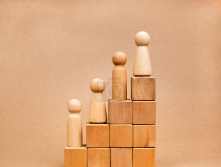 Photo for Leadership with business success and population growth concepts. Wooden figures, male and female standing on wood cube blocks growth graph step isolated on brown background, minimal and eco style. - Royalty Free Image