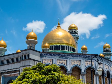Close-up scene of Jame' Asr Hassanil Bolkiah Mosque landmark, named after Hassanal Bolkiah, the 29th and current Sultan of Brunei in Bandar Seri Begawan, the capital city of Brunei Darussalam.