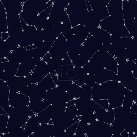 Ilustración de Cielo nocturno estrellado vector patrón sin costura. Mapa de la constelación de Vía Láctea. Fondo esotérico místico para el diseño de tela, embalaje, astrología, caja del teléfono, esterilla de yoga, portátiles, papel de envolver - Imagen libre de derechos