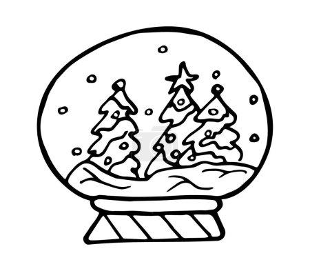 Illustration for Doodle snow ball with pines and Christmas decoration. Simple line drawing of snow globe.Trendy doodle vector illustration. Premade logo or icon. Isolated on white background. - Royalty Free Image