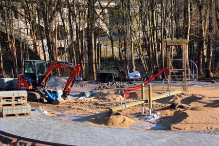 Photo for Plauen, Germany - April 21, 2023: Construction of a child playground in central Plauen, a city in Vogtland region of Saxony in Eastern Germany - Royalty Free Image