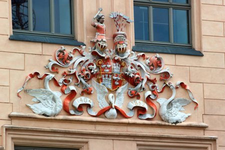 Photo for Zwickau, Germany - May 7, 2023: Coat of arms of Zwickau on Town Hall building on historical Market Square in the center of the city - Royalty Free Image