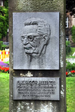 Photo for Dresden, Germany - June 27, 2023: Monument to Salvador Allende in front of the Dresden Technical University. Allende was the first Marxist to be elected president in Chile. - Royalty Free Image