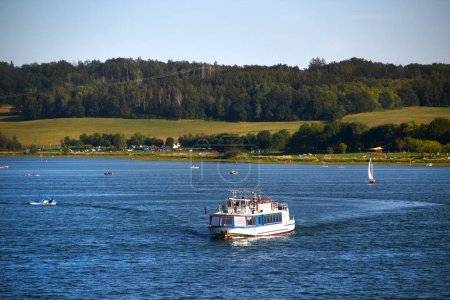 Photo for Jocketa, Germany - September 17, 2023: Pleasure boat on Talsperre Poehl, or Vogtland Sea, a popular place for summer vacations near Plauen, Saxony - Royalty Free Image