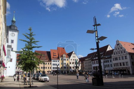 Photo for Freiberg, Germany - August 9, 2023: Market square of Freiberg, a university and former mining town in Ore mountains region of Saxony, Germany - Royalty Free Image