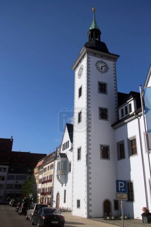 Photo for Freiberg, Germany - August 9, 2023: Town hall tower at Market square of Freiberg, a university and former mining town in Ore mountains region of Saxony, Germany - Royalty Free Image