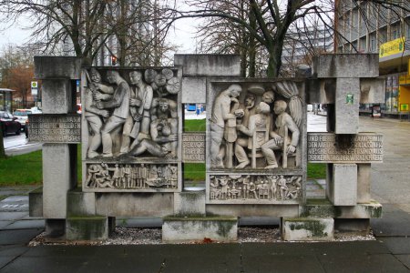 Photo for Chemnitz, Germany - March 23, 2024: The stele ensemble Lob des Lernens (Praise Poems), erected in 1972, based on verses by Bertolt Brecht, in which he pays homage to communism - Royalty Free Image