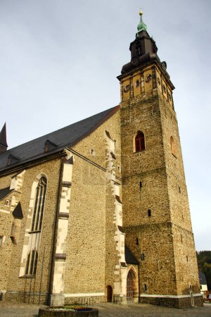 View of St. Wolfgang church in Schneeberg, a historical mining town in the Ore Mountains, Saxony, German