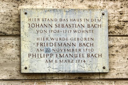 Photo for Weimar, Germany - April 7, 2024: Memorial plaque on the place of house where the famous German composer and organist Johann Sebastian Bach lived in Weimar for nine years - Royalty Free Image