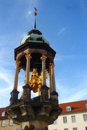 Magdeburg, Germany - April 13, 2024: Magdeburg Rider, the oldest German equestrian statue (circa 1240), showing Otto the Great on the Old Market Square of Magdebur