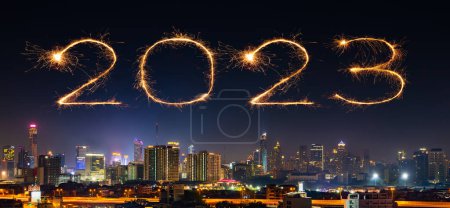 Photo for 2023 happy new year fireworks celebrating over cityscape in Bangkok city at night, Thailand - Royalty Free Image