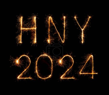 Téléchargez les photos : 2024 (HNY) bonne année feux d'artifice écrit scintillant la nuit. - en image libre de droit