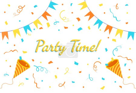 Photo for Party banner with flags and confetti, surprise, invitation card, banner, poster, bright holiday card, vector poster. - Royalty Free Image