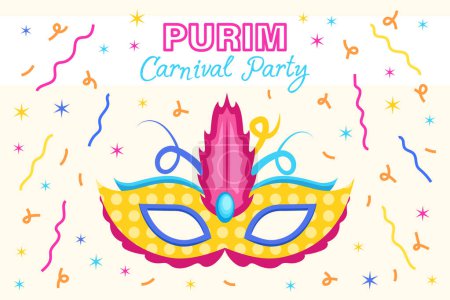 Ilustración de Purim Holiday carnival mask with confetti on the background, Carnival Party banner, invitation greeting, vector party poster. - Imagen libre de derechos