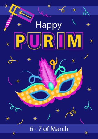Ilustración de Purim Holiday carnival poster with mask, beanbang, confetti on the background, Carnival Party banner, invitation greeting, vector party poster. - Imagen libre de derechos