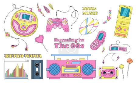 Illustration for Collection of Y2K objects, game pad, music players, disks, decorations, vector objects, stickers, retro vibes. - Royalty Free Image
