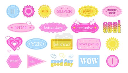 Photo for Y2K retro labels with short phrases and motivations, sticker pack, vector collection of tags and stickers in retro style. - Royalty Free Image