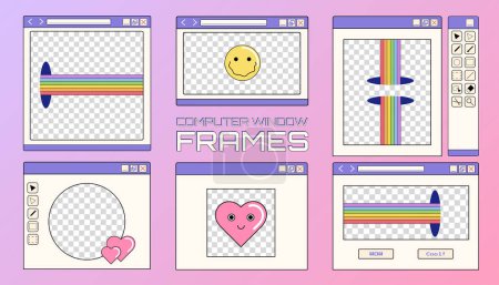 Illustration for Set of computer opened window frames and borders on a colorful background, Y2K retro illustrations, frames for images. - Royalty Free Image