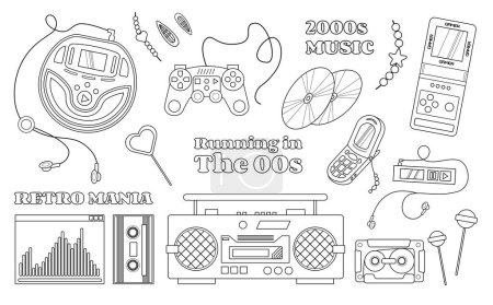 Ilustración de Retro 2000-2009 años objetos en una línea de arte, colección Y2K con artículos antiguos, tecnología, texto y decoraciones. - Imagen libre de derechos