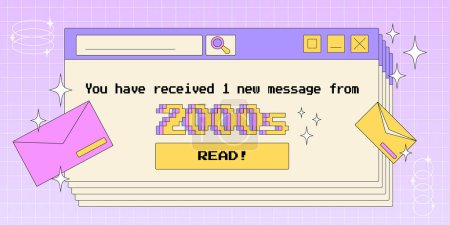 Ilustración de Ventana de la vieja computadora abierta con recordatorio de un nuevo mensaje de 2000, ilustración estética moderna del vector de Y2K, pantalla de la PC del estilo retro. - Imagen libre de derechos
