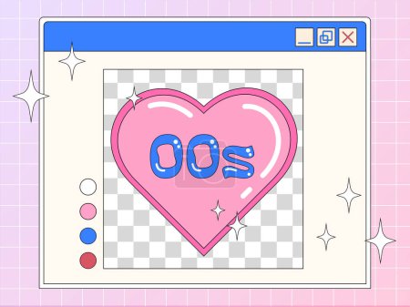 Ilustración de Ilustración de moda de Y2k de una ventana de computadora retro con corazón rosa lindo, tarjeta postal retro, bandera en la estética de 2000. - Imagen libre de derechos