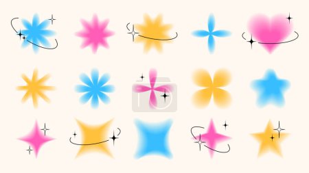 Photo for Trendy Y2K blurred objects, flowers, stars, heart and sparks. Group of retro graphic design elements with decorative stars and black frames. - Royalty Free Image