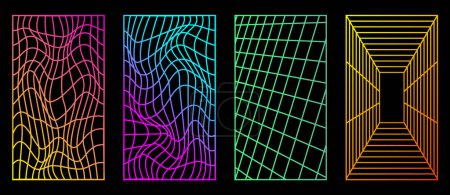 Photo for Set of four gradient grids, futuristic vector design elements, bright colored distorted line backgrounds. - Royalty Free Image